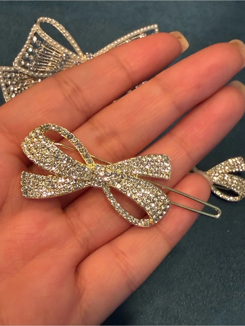 Gold Rhinestone Bow Hair Clip Set